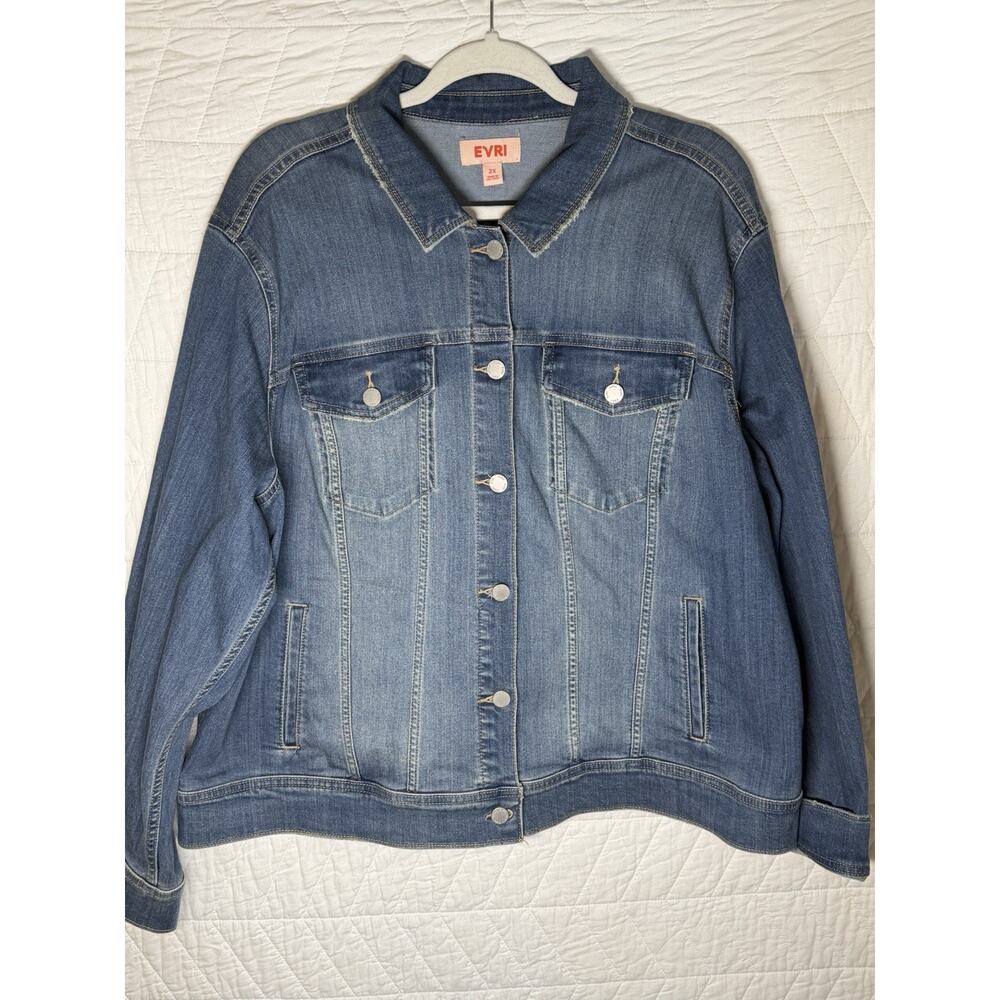 Evri Womens Denim Jacket Size 2X Blue Long Sleeves Pockets Casual Chic Neutral